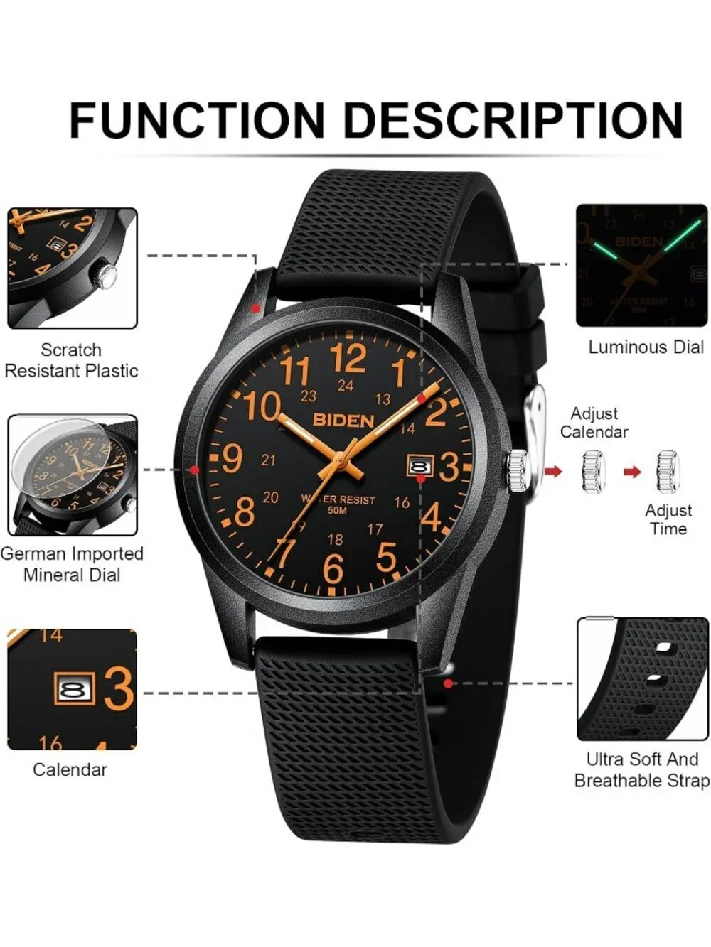 Men's Black Orange Analog Unisex Medical Professionals Waterproof Nurse Watch